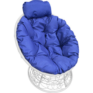 фото Кресло планета про папасан мини с ротангом белое, синяя подушка