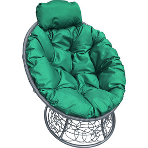 фото Кресло планета про папасан мини с ротангом серое, зелёная подушка