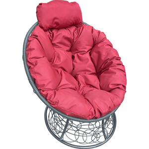 фото Кресло планета про папасан мини с ротангом серое, красная подушка