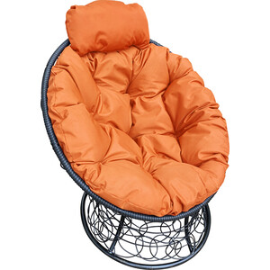 фото Кресло планета про папасан мини с ротангом черное, оранжевая подушка