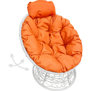 фото Кресло планета про папасан пружинка мини с ротангом белое, оранжевая подушка