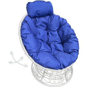 фото Кресло планета про папасан пружинка мини с ротангом белое, синяя подушка