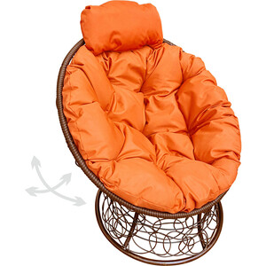 фото Кресло планета про папасан пружинка мини с ротангом коричневое, оранжевая подушка