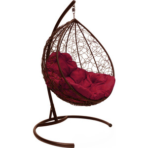 фото Подвесное кресло планета про капля с ротангом коричневое, бордовая подушка (11020202)