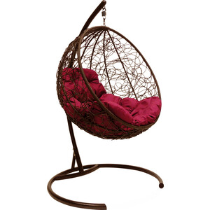 фото Подвесное кресло планета про круг с ротангом коричневое, бордовая подушка (11050202)