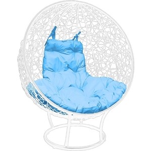 фото Кресло планета про круг на подставке с ротангом белое, голубая подушка (11080103)