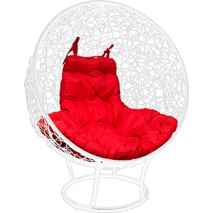 фото Кресло планета про круг на подставке с ротангом белое, красная подушка (11080106)