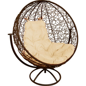 Вращающееся кресло Планета про Круг с ротангом коричневое, бежевая подушка (11100201)