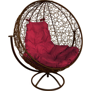 Вращающееся кресло Планета про Круг с ротангом коричневое, бордовая подушка (11100202)