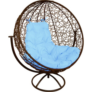 Вращающееся кресло Планета про Круг с ротангом коричневое, голубая подушка (11100203)
