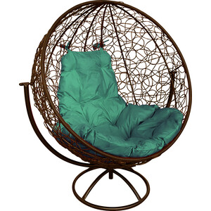 Вращающееся кресло Планета про Круг с ротангом коричневое, зеленая подушка (11100204)