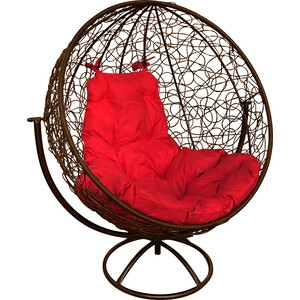 Вращающееся кресло Планета про Круг с ротангом коричневое, красная подушка (11100206)