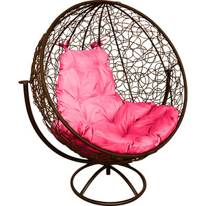 Вращающееся кресло Планета про Круг с ротангом коричневое, розовая подушка (11100208)