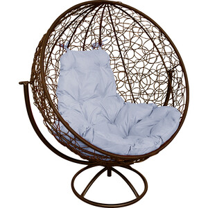 Вращающееся кресло Планета про Круг с ротангом коричневое, серая подушка (11100209)