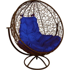 Вращающееся кресло Планета про Круг с ротангом коричневое, синяя подушка (11100210)