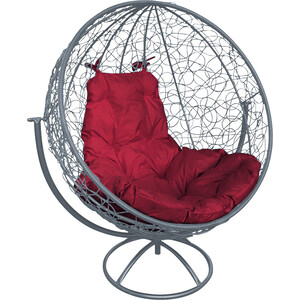 Вращающееся кресло Планета про Круг с ротангом серое, бордовая подушка (11100302)