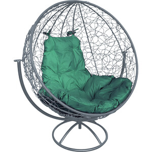Вращающееся кресло Планета про Круг с ротангом серое, зеленая подушка (11100304)