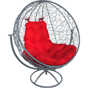 Вращающееся кресло Планета про Круг с ротангом серое, красная подушка (11100306)