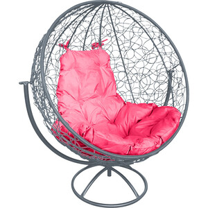 Вращающееся кресло Планета про Круг с ротангом серое, розовая подушка (11100308)