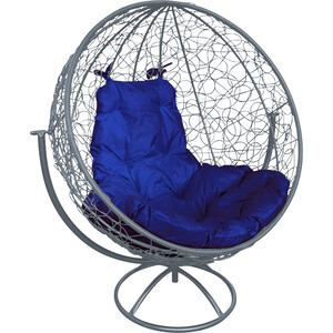 Вращающееся кресло Планета про Круг с ротангом серое, синяя подушка (11100310)