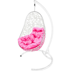 фото Подвесное кресло планета про овал с ротангом белое, розовая подушка