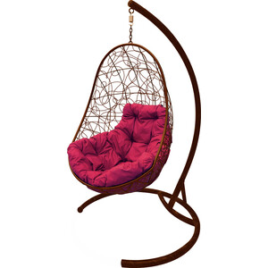 фото Подвесное кресло планета про овал с ротангом коричневое, бордовая подушка