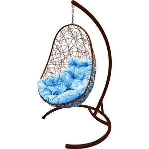 фото Подвесное кресло планета про овал с ротангом коричневое, голубая подушка