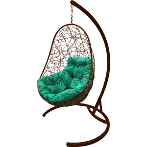 фото Подвесное кресло планета про овал с ротангом коричневое, зеленая подушка