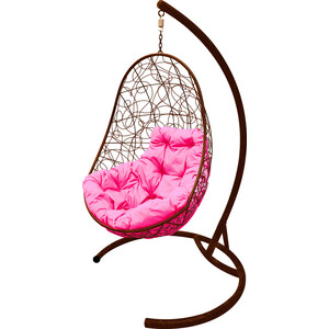 фото Подвесное кресло планета про овал с ротангом коричневое, розовая подушка