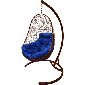 фото Подвесное кресло планета про овал с ротангом коричневое, синяя подушка