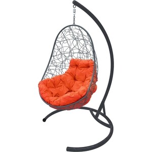 фото Подвесное кресло планета про овал с ротангом серое, оранжевая подушка