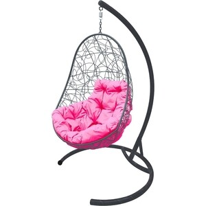 фото Подвесное кресло планета про овал с ротангом серое, розовая подушка