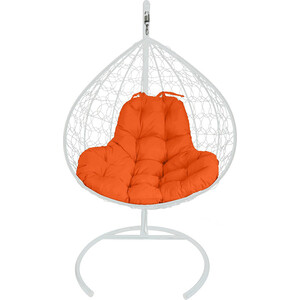 фото Подвесное кресло планета про xl с ротангом белое, оранжевая подушка