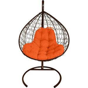 фото Подвесное кресло планета про xl с ротангом коричневое, оранжевая подушка