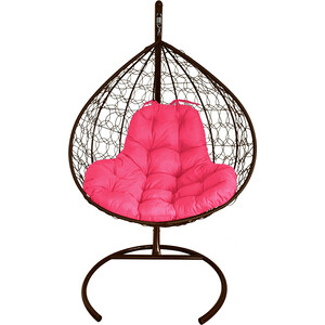 фото Подвесное кресло планета про xl с ротангом коричневое, розовая подушка