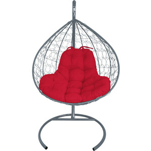 фото Подвесное кресло планета про xl с ротангом серое, красная подушка