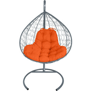 фото Подвесное кресло планета про xl с ротангом серое, оранжевая подушка