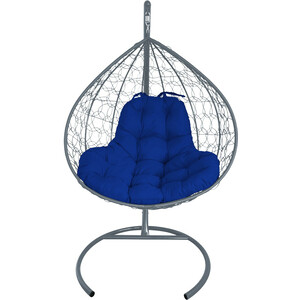 фото Подвесное кресло планета про xl с ротангом серое, синяя подушка