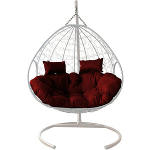 фото Подвесное кресло планета про для двоих с ротангом белое, бордовая подушка