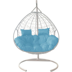 фото Подвесное кресло планета про для двоих с ротангом белое, голубая подушка