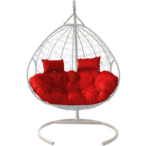 фото Подвесное кресло планета про для двоих с ротангом белое, красная подушка