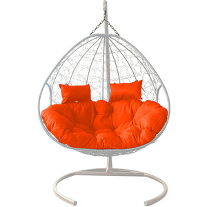 фото Подвесное кресло планета про для двоих с ротангом белое, оранжевая подушка