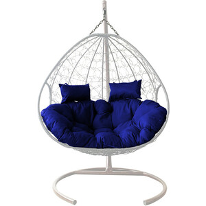 фото Подвесное кресло планета про для двоих с ротангом белое, синяя подушка