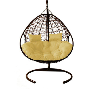 фото Подвесное кресло планета про для двоих с ротангом коричневое, бежевая подушка