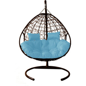фото Подвесное кресло планета про для двоих с ротангом коричневое, голубая подушка