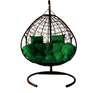фото Подвесное кресло планета про для двоих с ротангом коричневое, зеленая подушка