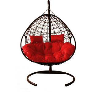 фото Подвесное кресло планета про для двоих с ротангом коричневое, красная подушка