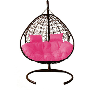 фото Подвесное кресло планета про для двоих с ротангом коричневое, розовая подушка