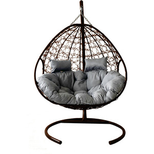 фото Подвесное кресло планета про для двоих с ротангом коричневое, серая подушка