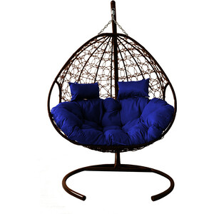 фото Подвесное кресло планета про для двоих с ротангом коричневое, синяя подушка